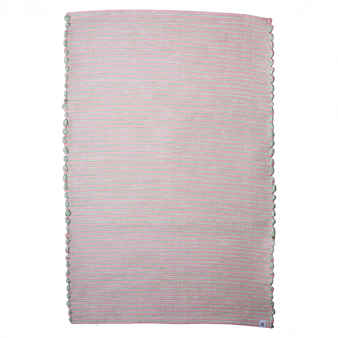 Tapis de bain bicolore rayé rose et vert menthe tissé à la main au Portugal en coton recyclé