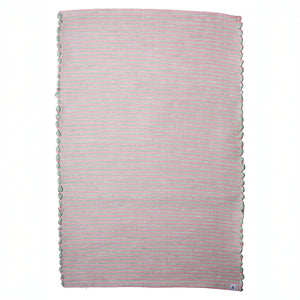 Tapis de bain bicolore rayé rose et vert menthe tissé à la main au Portugal en coton recyclé
