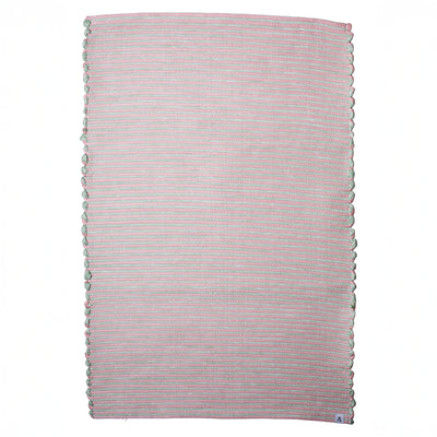 Tapis de bain bicolore rayé rose et vert menthe tissé à la main au Portugal en coton recyclé