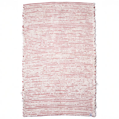 Tapis de bain bicolore rayé en tissu éponge blanc avec des rayures couleur pêche tissé à la main au Portugal