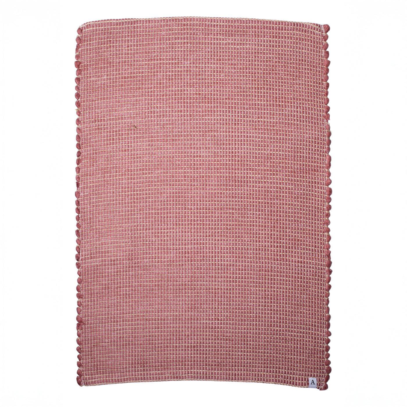 Petit tapis rouge à rayures de jute en laine tissée à la main au Portugal, avec des motifs blancs.